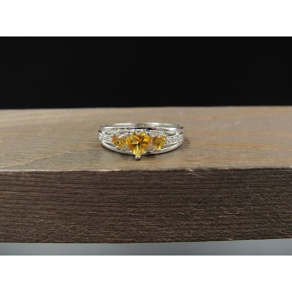 Size 6 Sterling Silver Triple Heart Citrine And Diamond Accent Band Ring Vintage - Picture 1 of 8